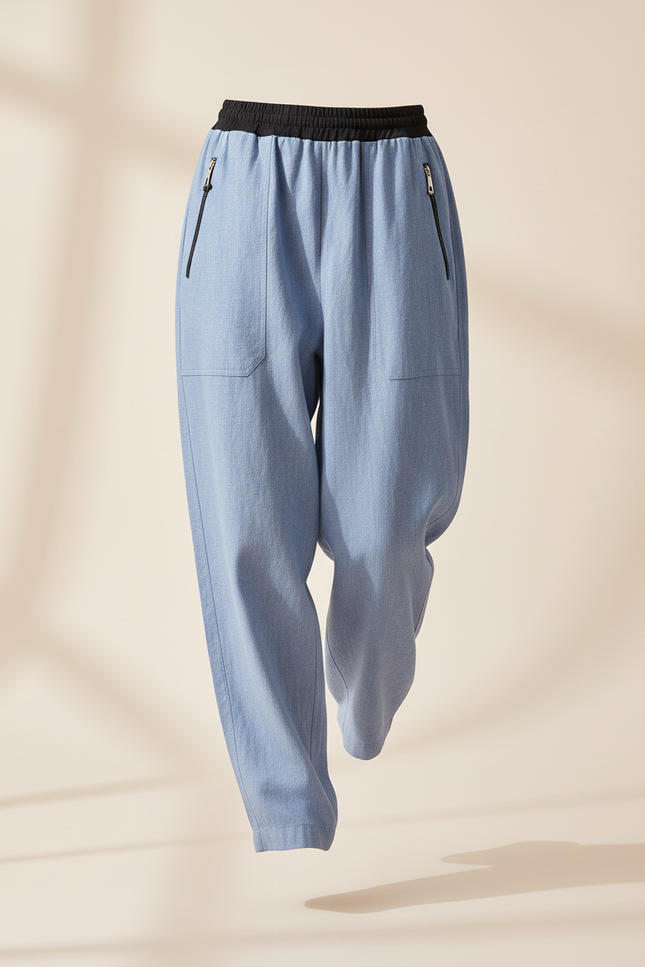 Pantalon Baggy Bleu Clair Décontracté Ample Lin - vue 3