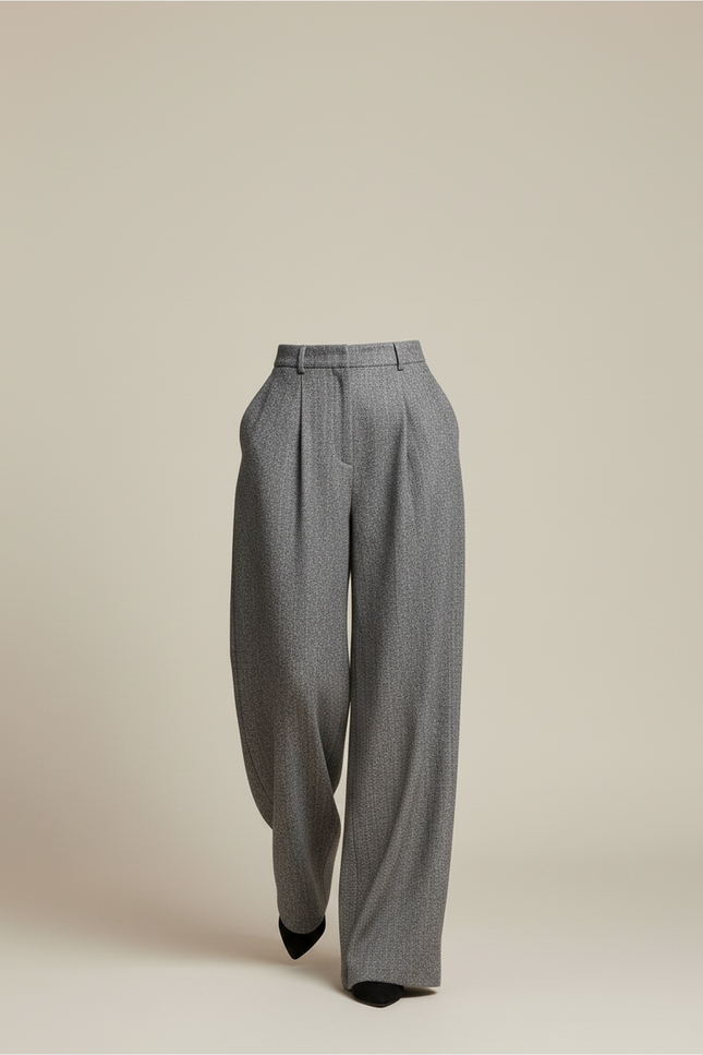 Pantalon Baggy Gris Tweed Large Taille Haute Élégant - vue 3