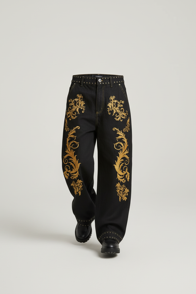 Pantalon Baggy Noir Brodé Or Ample Enfant - Jean - vue 3