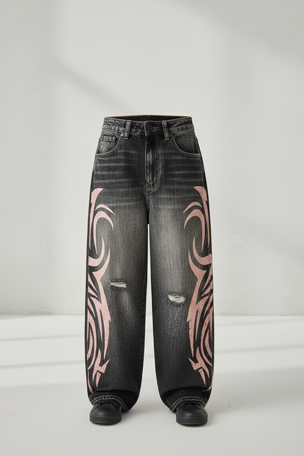 Pantalon Baggy Jean Délavé Imprimé Rose Tribal - Gris - vue 3