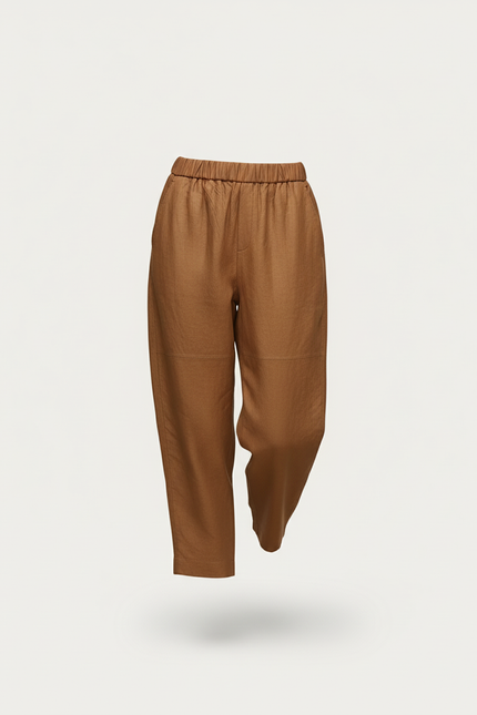 Pantalon Baggy Marron Ample Taille Élastique Femme - Lin - vue 3