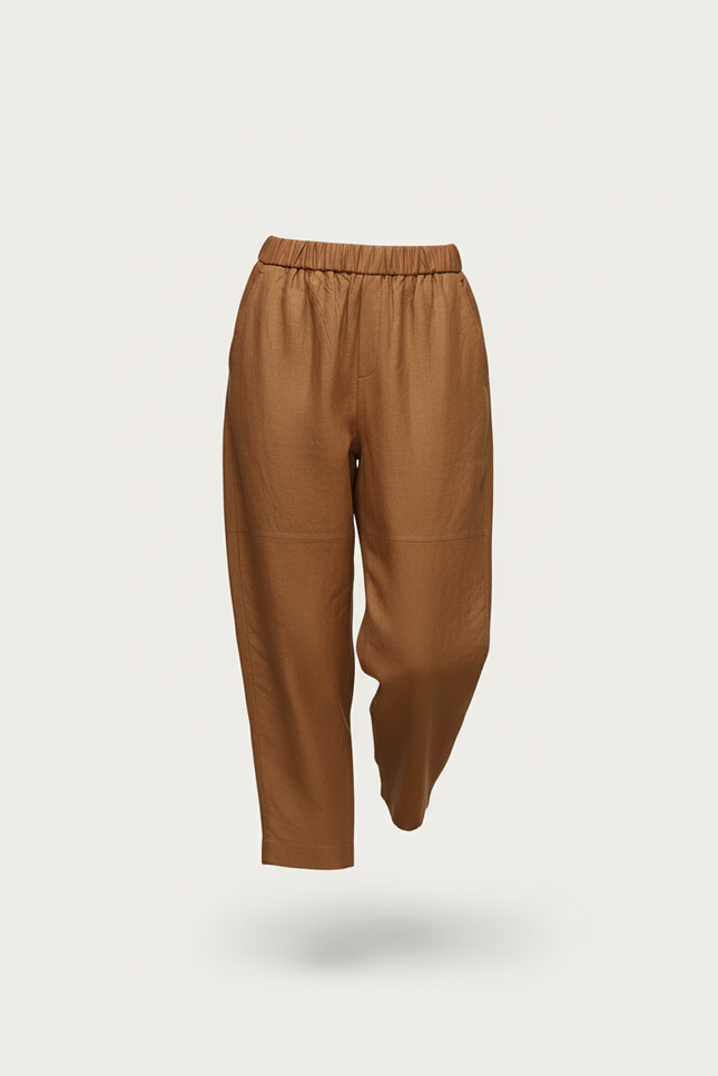 Pantalon Baggy Marron Ample Taille Élastique Femme - Lin - vue 3