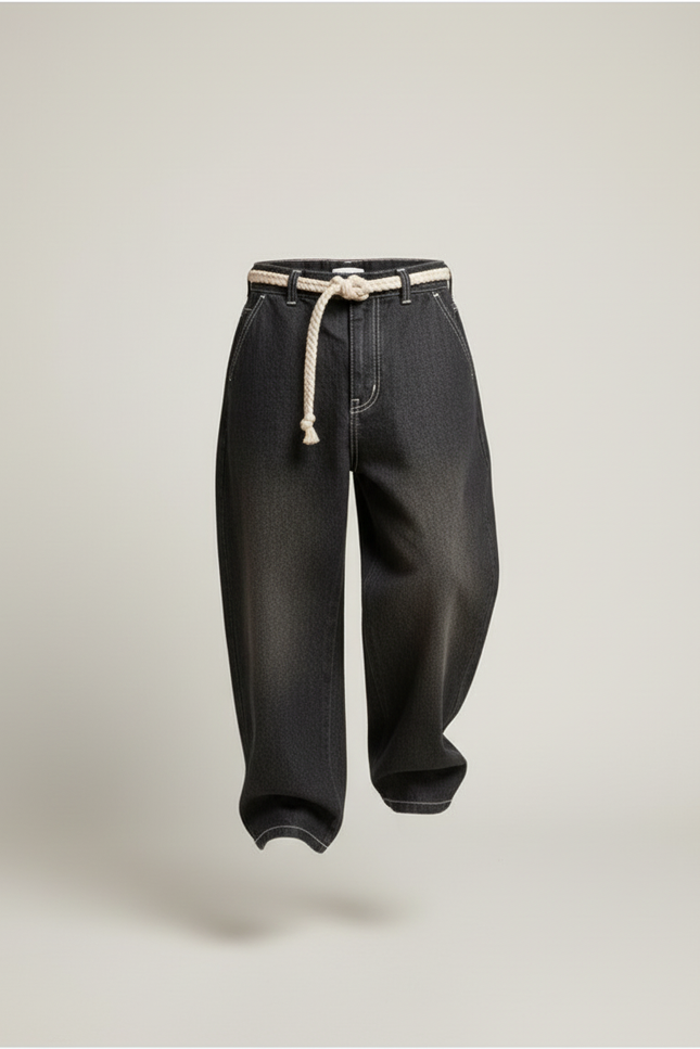 Pantalon Baggy Jean Gris Ample Cordon Tressé - vue 3