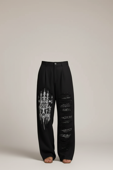 Pantalon Baggy Noir Ample Imprimé Gothique Déchiré Femme - Lin - vue 3