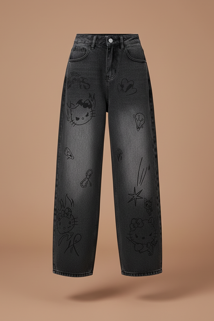 Pantalon Baggy Jean Gris Délavé Imprimé Ample Fille - vue 3