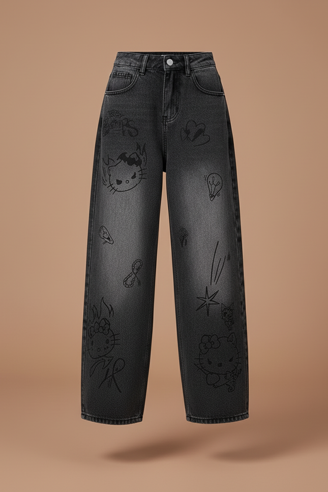Pantalon Baggy Jean Gris Délavé Imprimé Ample Fille - vue 3