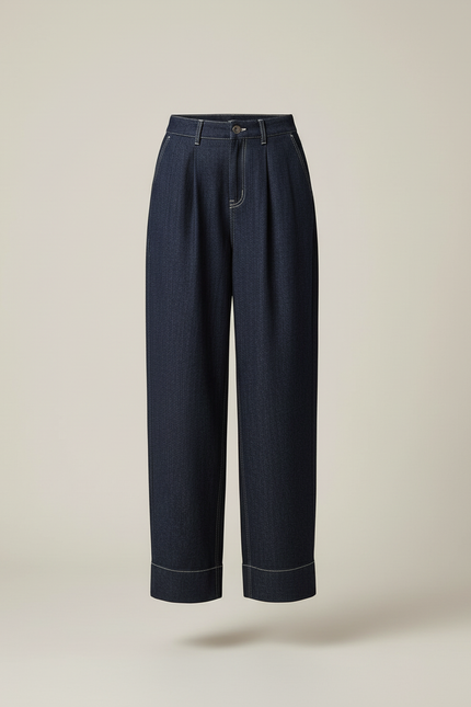 Pantalon Baggy Jean Bleu Marine Ample Plissé Femme - vue 3