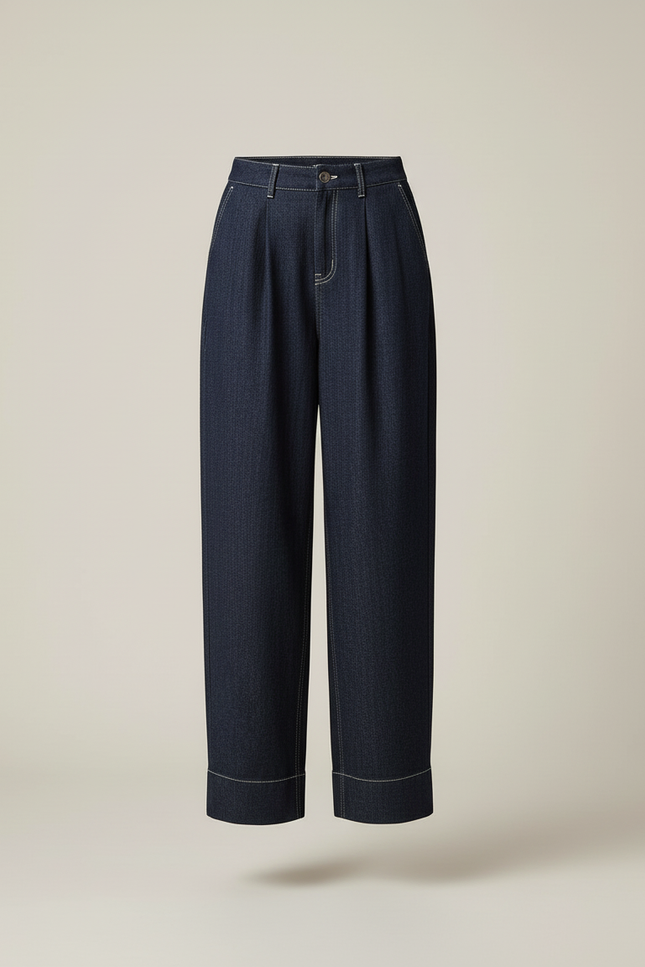 Pantalon Baggy Jean Bleu Marine Ample Plissé Femme - vue 3