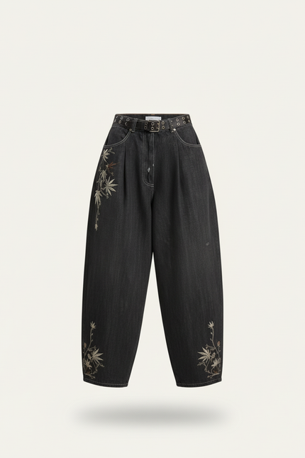 Pantalon Baggy Jean Gris Ample Brodé Streetwear - vue 3