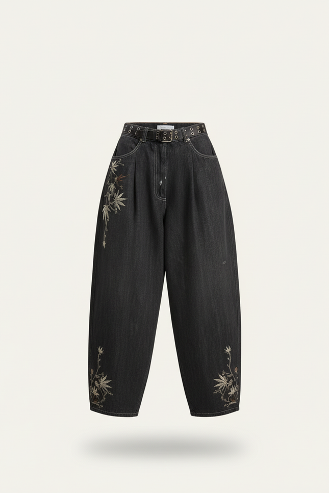 Pantalon Baggy Jean Gris Ample Brodé Streetwear - vue 3