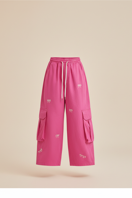 Pantalon Baggy Rose Cargo Ample Nœuds Cordon - Toile - vue 3