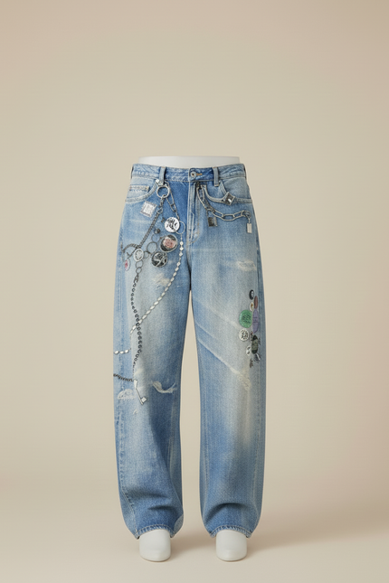 Pantalon Baggy Jean Bleu Délavé Chaînes Imprimé Homme - vue 3