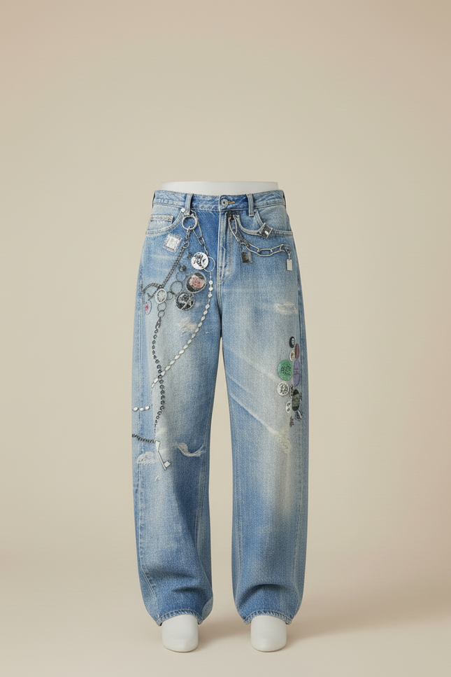 Pantalon Baggy Jean Bleu Délavé Chaînes Imprimé Homme - vue 3