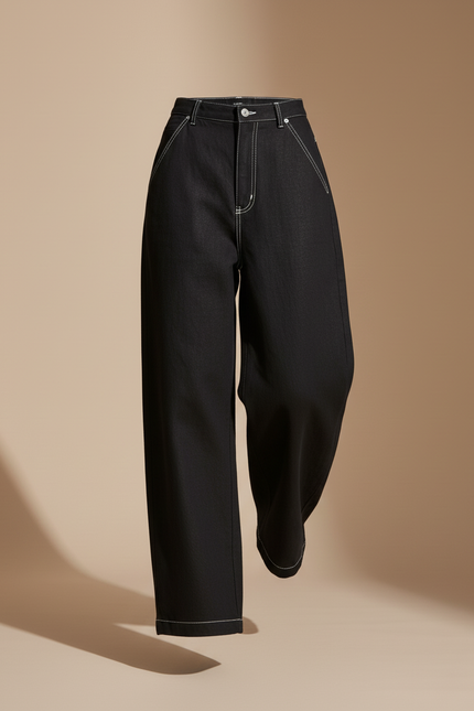 Pantalon Baggy Noir Denim Large Surpiqûres Blanches Décontracté - Jean - vue 3