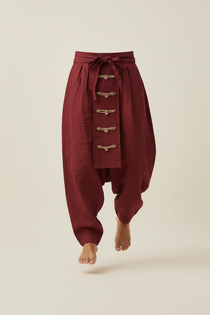 Pantalon Baggy Bordeaux Lin Ample Décontracté Homme - vue 3