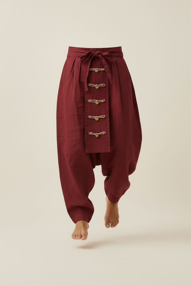 Pantalon Baggy Bordeaux Lin Ample Décontracté Homme - vue 3