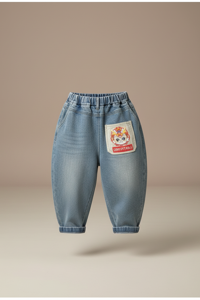 Pantalon Baggy Jean Bleu Ample Enfants Brodé - vue 3
