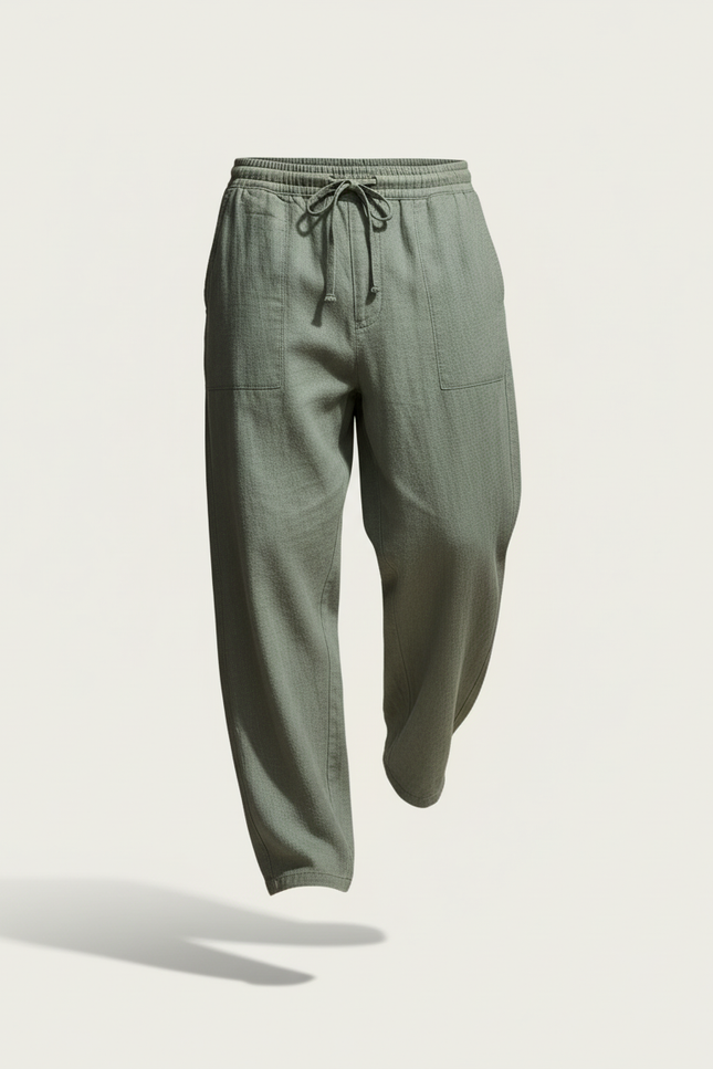 Pantalon Baggy Lin Vert Ample Décontracté Homme - vue 3