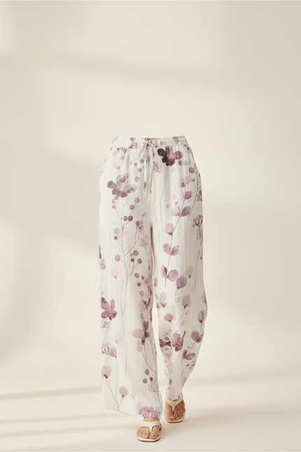 Pantalon Baggy Blanc Fleuri Ample Lin Décontracté - Imprimé - vue 3