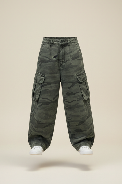Pantalon Baggy Camouflage Cargo Ample Garçon Vert - Toile - vue 3