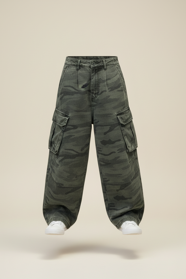 Pantalon Baggy Camouflage Cargo Ample Garçon Vert - Toile - vue 3