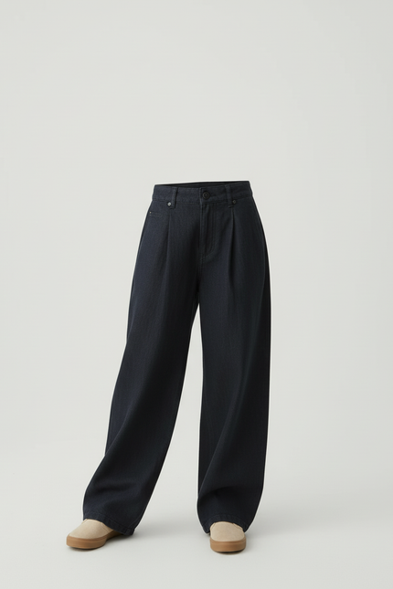 Pantalon Baggy Jean Denim Ample Plissé Fille - Marine - vue 3