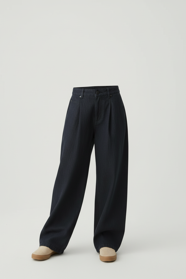 Pantalon Baggy Jean Denim Ample Plissé Fille - Marine - vue 3