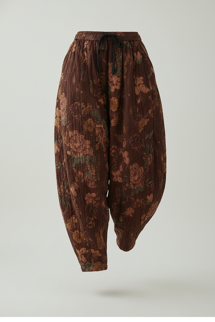 Pantalon Baggy Marron Fleuri Coton Lin Ample Harem - vue 3