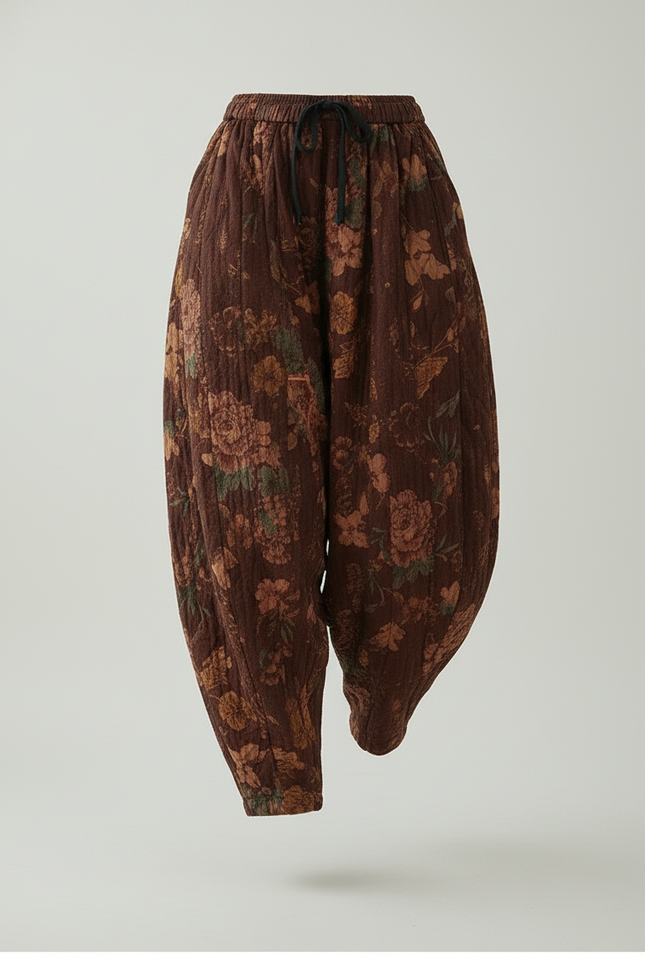 Pantalon Baggy Marron Fleuri Coton Lin Ample Harem - vue 3