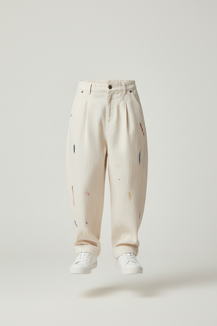 Pantalon Baggy Coton Ample Décontracté Peinture Enfant - Beige Toile - vue 3