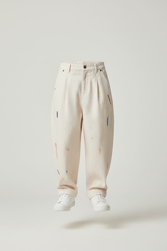 Pantalon Baggy Coton Ample Décontracté Peinture Enfant - Beige Toile - vue 3