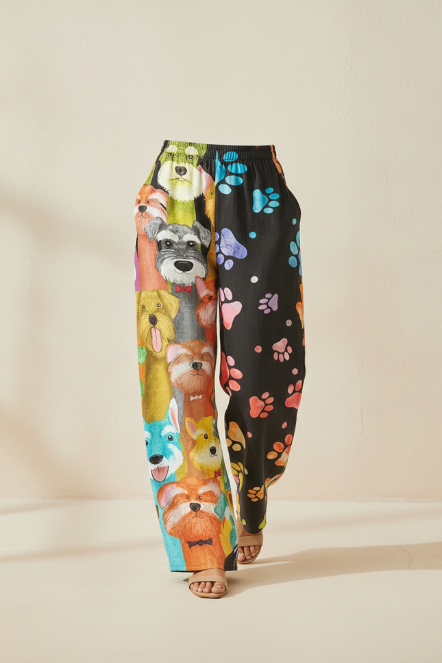 Pantalon Baggy Imprimé Chiens Pattes Ample Décontracté Femme - Multicolore Lin - vue 3