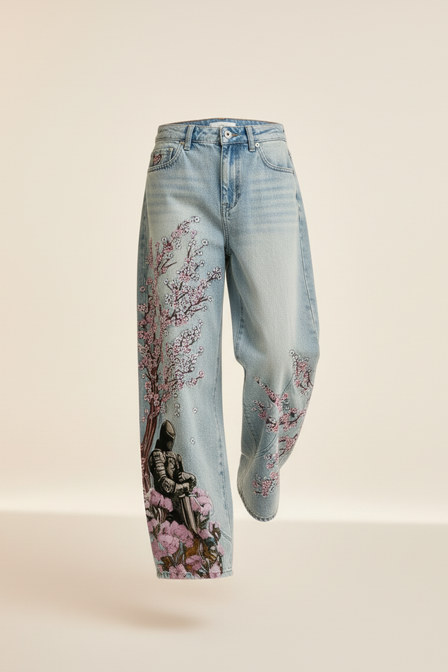 Pantalon Baggy Denim Clair Ample Brodé Chevalier Fleurs - Bleu Jean - vue 3