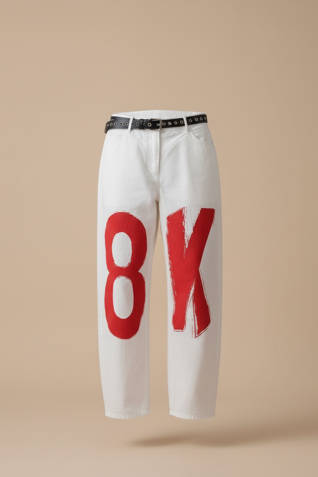 Pantalon Baggy Blanc Imprimé Rouge Décontracté Large - Toile - vue 3