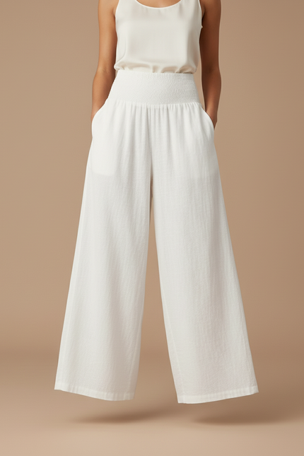 Pantalon Baggy Blanc Fluide Smocké Ample Lin - vue 3