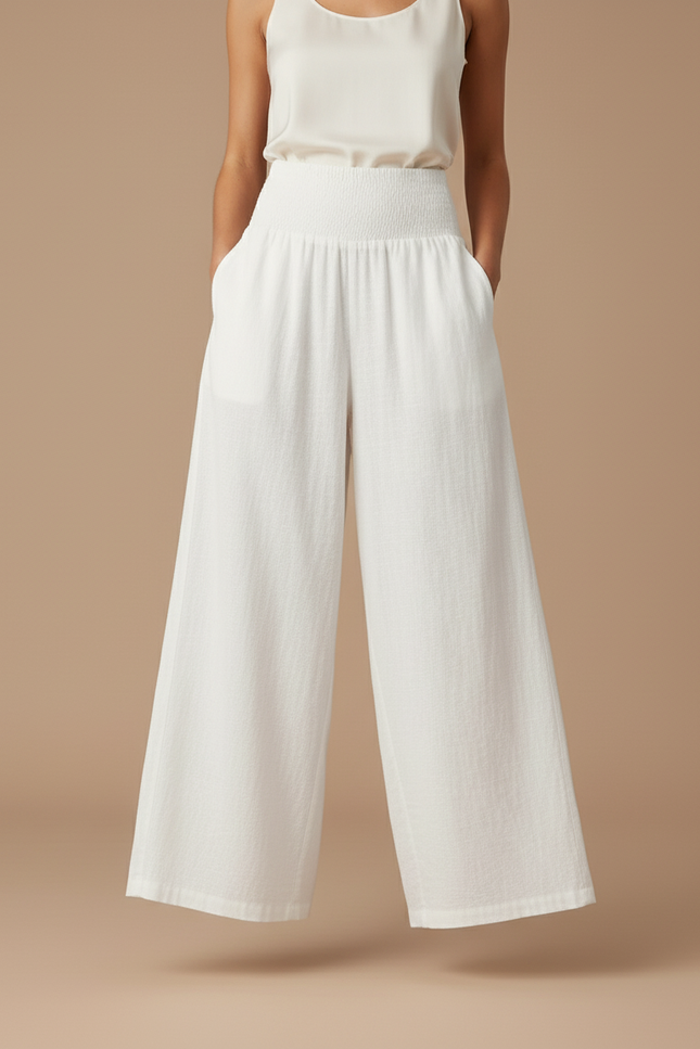 Pantalon Baggy Blanc Fluide Smocké Ample Lin - vue 3