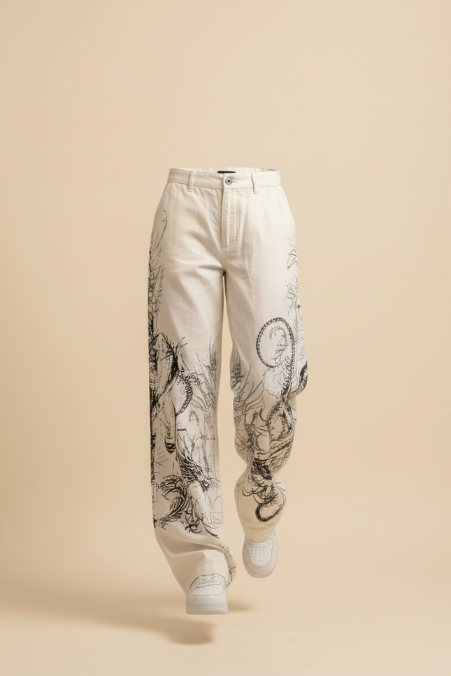 Pantalon Baggy Blanc Imprimé Dragon Ample Streetwear - Toile - vue 3