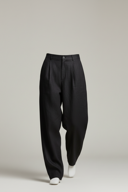 Pantalon Baggy Noir Lin Ample Élégant Plissé - vue 3