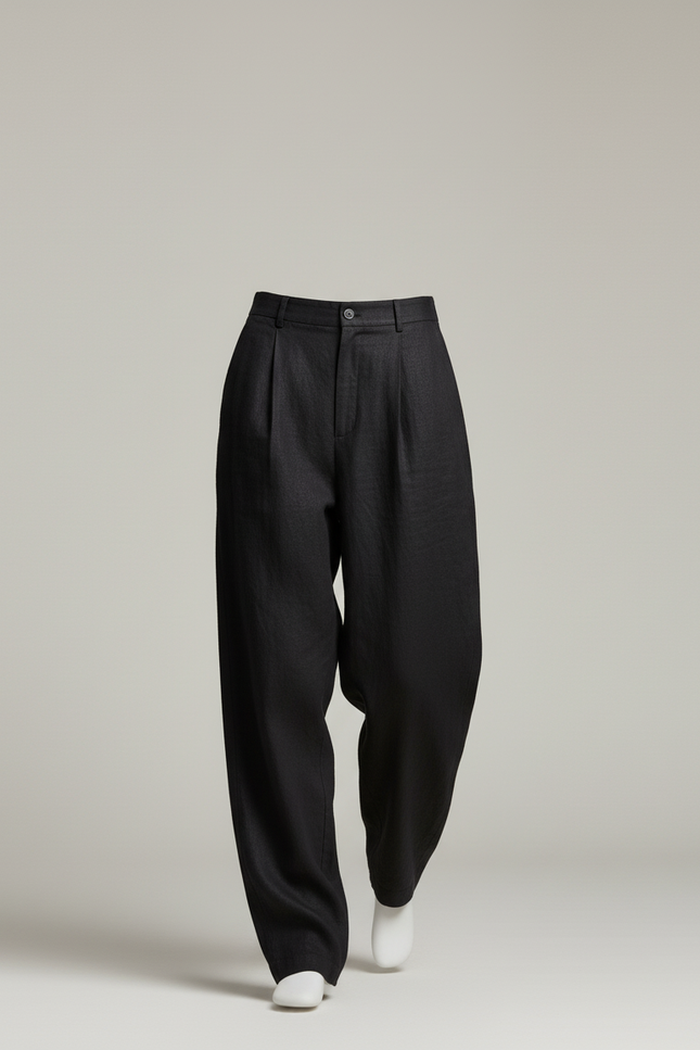 Pantalon Baggy Noir Lin Ample Élégant Plissé - vue 3