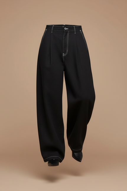 Pantalon Baggy Noir Ample Surpiqûres Blanches Décontracté Femme - Jean - vue 3