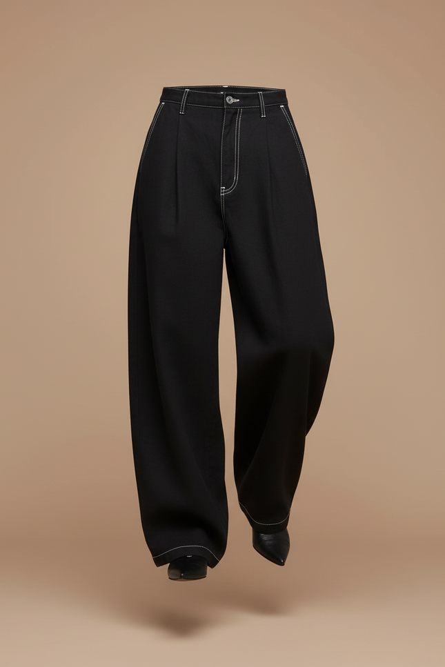 Pantalon Baggy Noir Ample Surpiqûres Blanches Décontracté Femme - Jean - vue 3