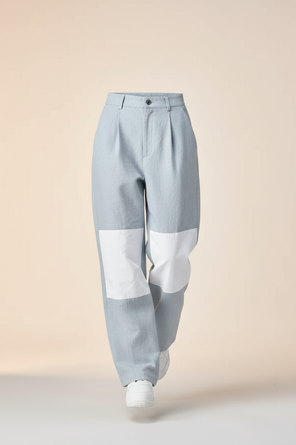 Pantalon Baggy Bleu Ciel Patchwork Blanc Ample Décontracté - Toile - vue 3