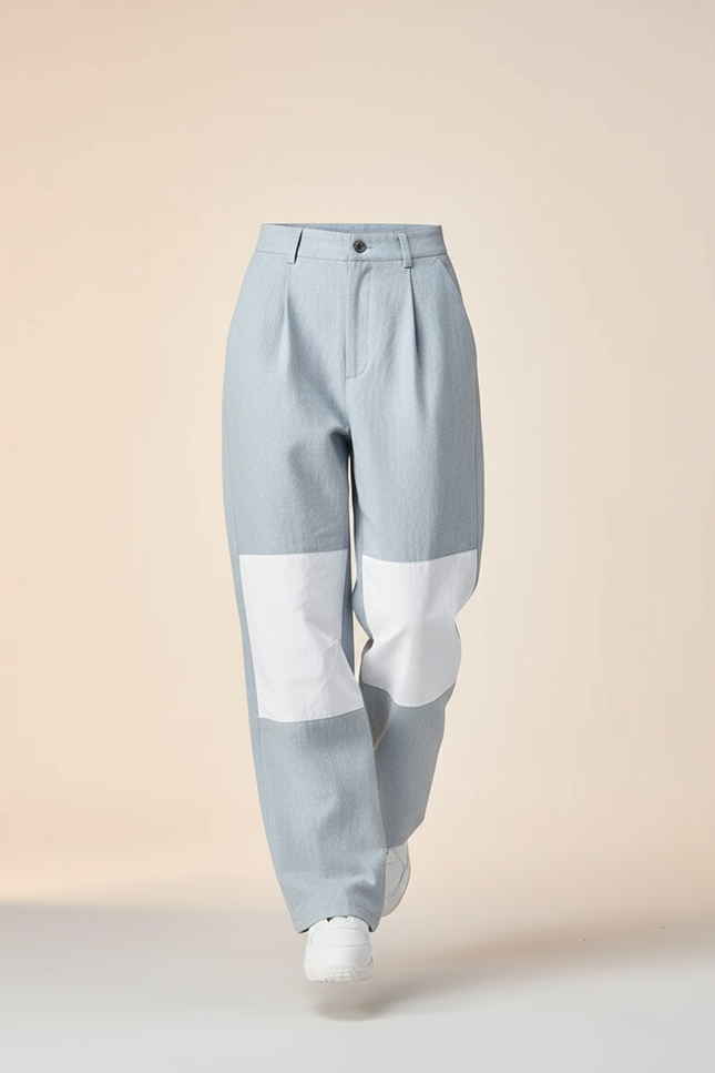 Pantalon Baggy Bleu Ciel Patchwork Blanc Ample Décontracté - Toile - vue 3