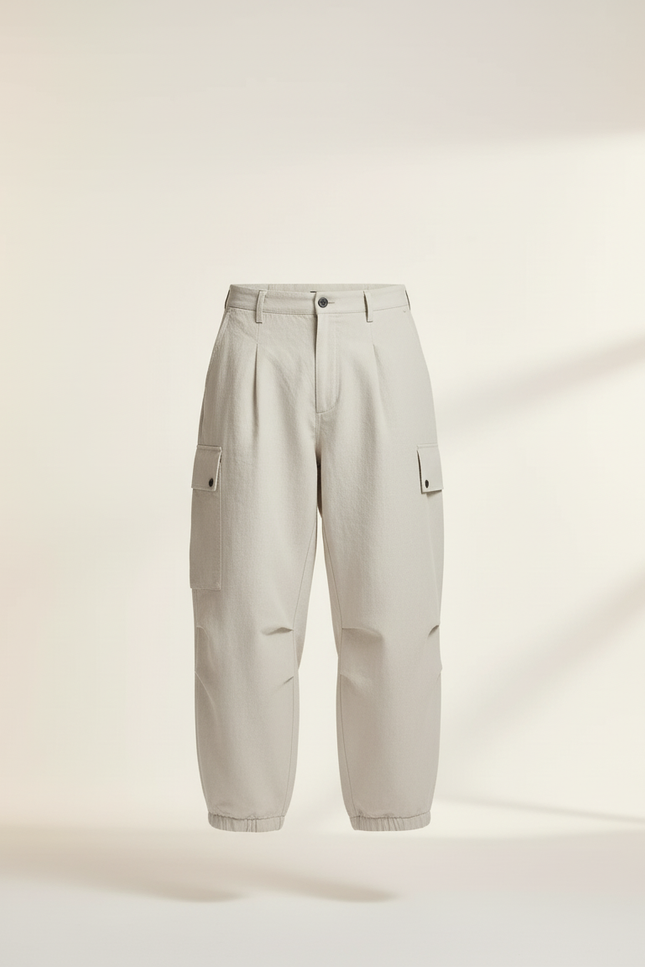 Pantalon Baggy Beige Ample Coton Plissé Cargo - vue 3