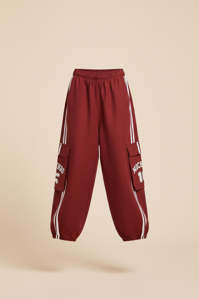 Pantalon Baggy Rouge Cargo Rayures Blanches Enfant - Bordeaux Molleton - vue 3