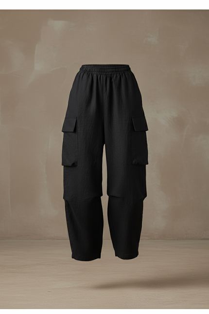 Pantalon Baggy Noir Lin Cargo Ample Décontracté Femmes - vue 3