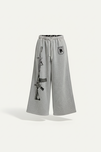 Pantalon Baggy Gris Imprimé Fusil Décontracté Large Cordon - Molleton - vue 2