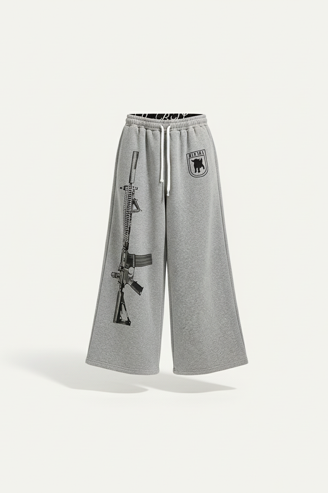 Pantalon Baggy Gris Imprimé Fusil Décontracté Large Cordon - Molleton - vue 2