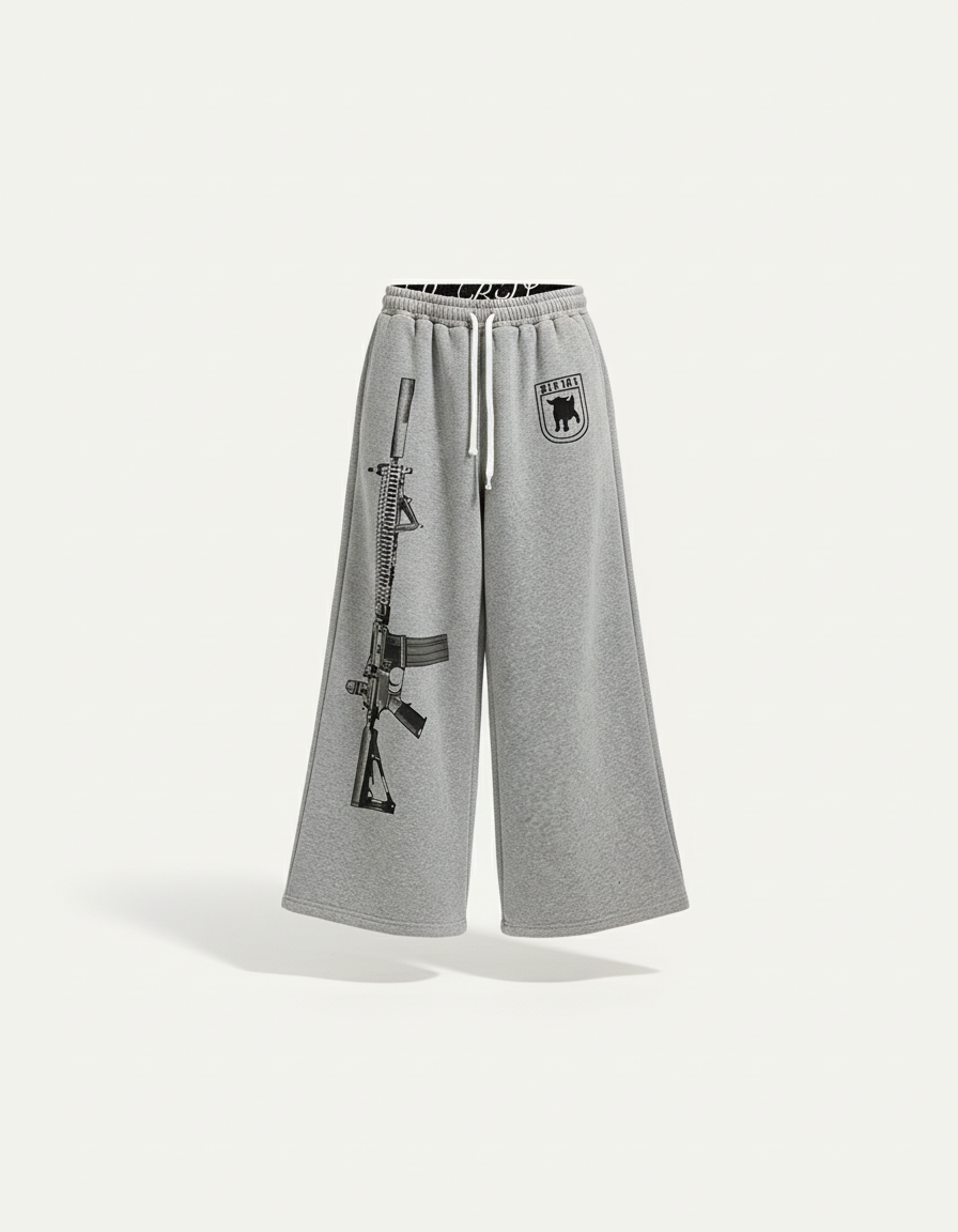 Pantalon Baggy Gris Imprimé Fusil Décontracté Large Cordon - Molleton - vue 2