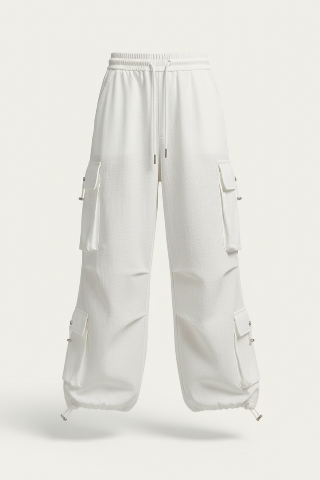Pantalon Baggy Blanc Cargo Ample Streetwear Cordon - Molleton - vue 3